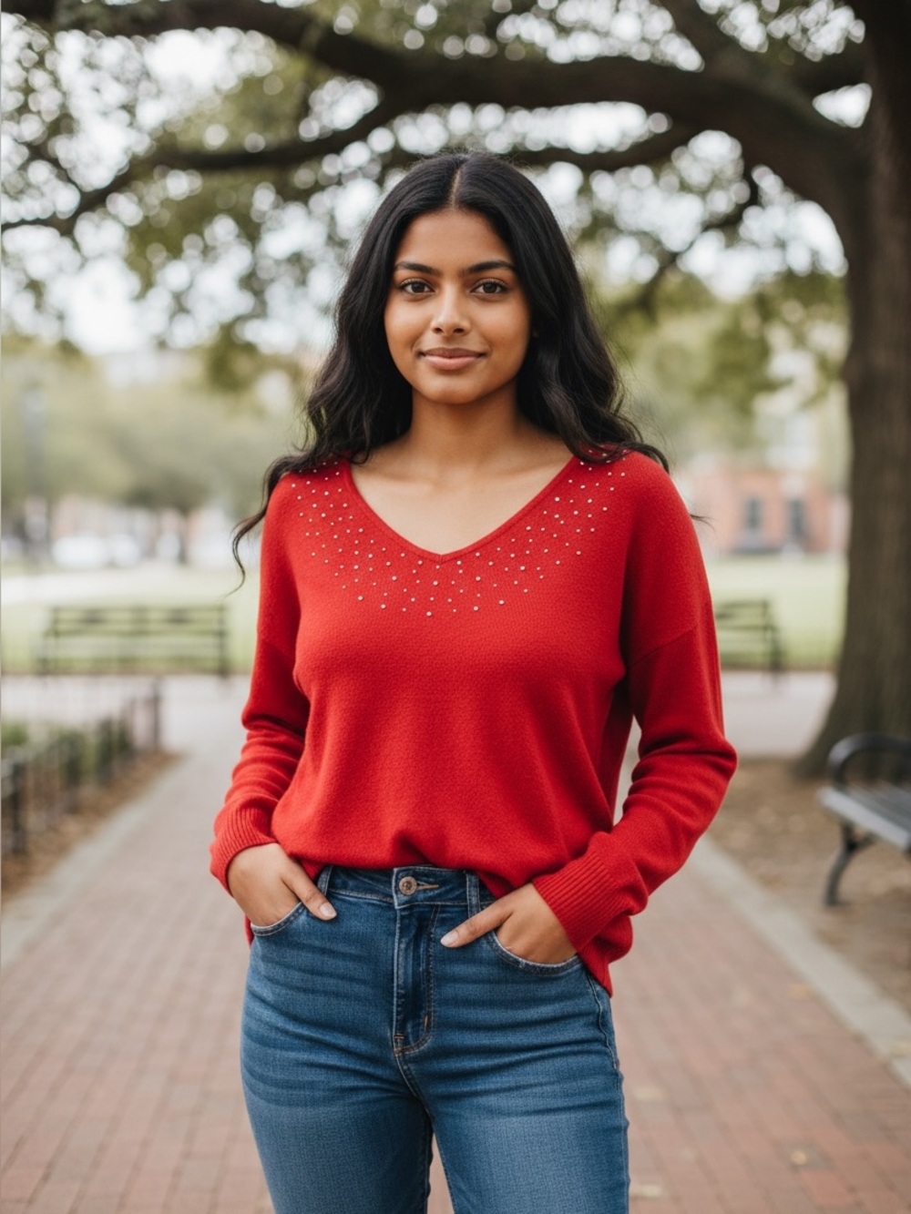 Christopher & Banks Red V-Neck Sweater with Rhinestone Accents